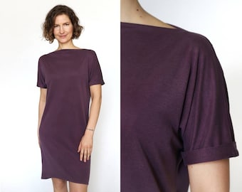 Purple elegant office summer dress | designer dress | casual jersey dress | soft cupro dress | boat neck dress | minimalist dress |