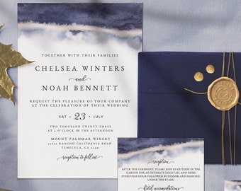 May include: A wedding invitation suite with a watercolor background in shades of blue and gray. The invitation features the couple's names, "Chelsea Winters and Noah Bennett", the date "Sat 23 July", and the location "Mount Palomar Winery". The RSVP card features a gold foil accent and the text "RSVP by June 22nd". The thank you card features the text "Thank you from the bottom of our hearts, thank you for sharing our wedding day with us".
