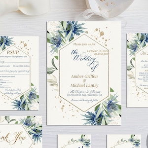 Country Wedding Invitation Template Set, Rustic Watercolor Blue Thistle Invitation Greenery, Elegant Gold, Editable Digital Download, W13