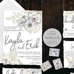Gold Wedding Invitation Suite, Gold and Black Elegant Wedding/Floral Wedding Invitation/Botanical Wedding/Editable Template/Digital Download