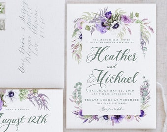 Purple Botanical Wedding Invitation Template Set, Elegant Invitations, Digital Wedding Invitations, Editable Template, Digital Download