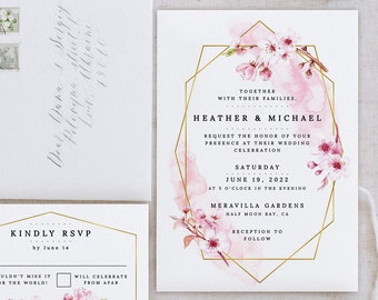 Floral Wedding Invitation Suite, Gold Wedding Invitation, Spring Wedding, Geometric Wedding Invitation, Editable Template, Digital Download