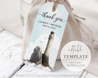 Lighthouse Wedding Favor Tag, Bridal Shower Favor Tags, Nautical Wedding, Beach Wedding, Ocean Wedding Digital Download Printable, L17