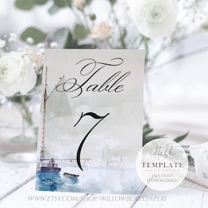 Printable Vintage Nautical Table Numbers, Ocean Wedding, Beach Wedding, Vintage Sailboat, Editable Template, Digital Template, S29