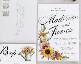 Rustic Sunflower Wedding Invitation Template Set, Rustic Wedding, Country Wedding, Outdoor Wedding, Editable Template