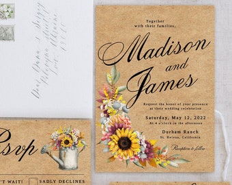 Rustic Sunflower Wedding Invitation Suite, Kraft, Rustic Wedding, Country Wedding, Outdoor Wedding, Digital Wedding Invite/Editable Template