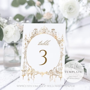 Printable Vintage Table Numbers, Gold Table Numbers, Gothic Wedding, Fairytale Wedding, Princess Wedding/Royal Wedding Editable Template W68