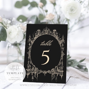 Printable Vintage Table Numbers, Gothic Wedding, Black and Gold Fairytale Wedding, Princess Wedding, Royal Wedding, Editable Template, WS38