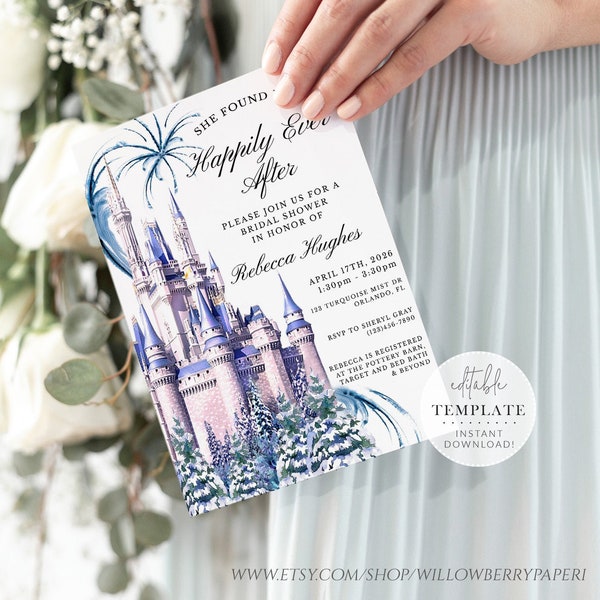 Fairytale Bridal Shower Invitation Template, Princess Wedding, Castle Invitation, Happily Ever After, Editable Template/Digital Download C32