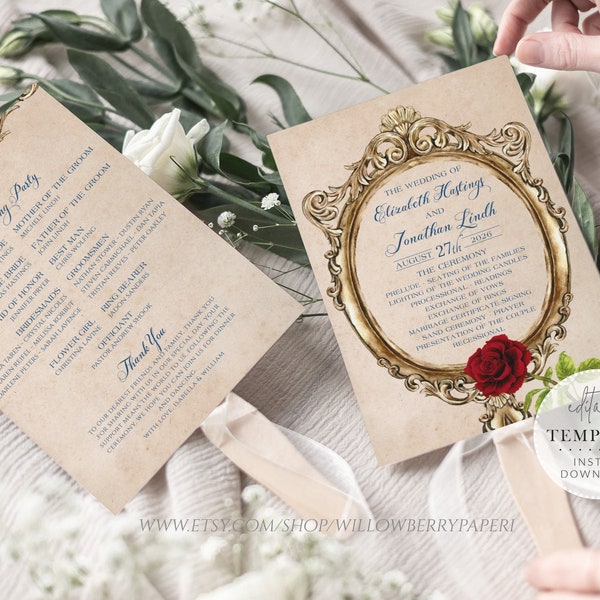 Wedding Program Fan, Fairytale Wedding Program Template, Princess Wedding Programs, Gothic Wedding, Instant Download, B73