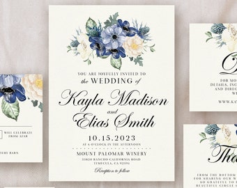 Blue Thistle and Anemones Wedding Invitation Suite, BOHEMIAN Wedding Invitation, Dusty Blue Boho Wedding, Editable Template/Digital Download