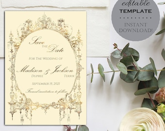 Save the Date Template - Vintage Royal Victorian Ivory Gold, Editable Printable Antique Fairytale Digital Wedding, Instant Download WS39