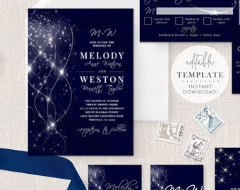 Starry Night Wedding Invitation Template Set, Galaxy Wedding Invitation, Celestial Wedding, Elegant  Invitation, Editable Template, S47