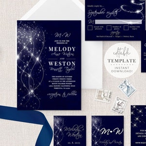 Starry Night Wedding Invitation Template Set, Galaxy Wedding Invitation, Celestial Wedding, Elegant  Invitation, Editable Template, S47