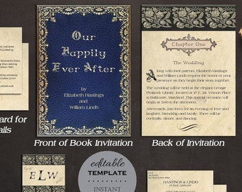 Fairytale Literary Wedding Invitation Template Set, Library Book Wedding, Book Theme Wedding, Catalog Card, Editable Template K42
