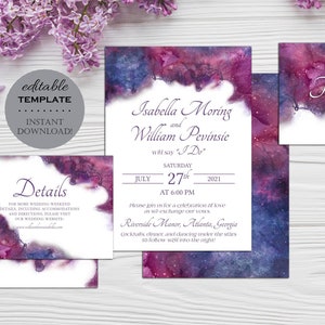 Galaxy Digital Wedding Invitation Template Set, Starry Night Wedding, Violet Purple Wedding Invite, Printable Editable Template, WS10