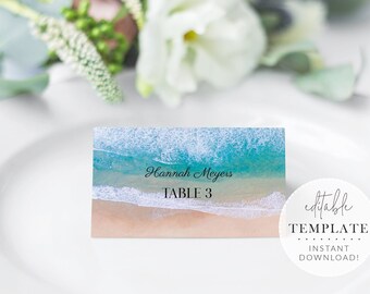 Beach Wedding Place Cards, Escort Cards, Printable Template, Tropical Wedding, Destination Wedding, Nautical Wedding, Digital Download, L39
