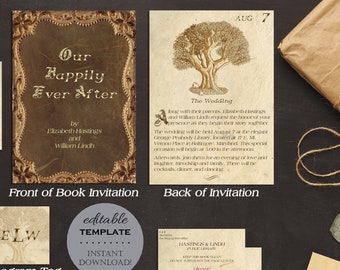 Fairytale Literary Wedding Invitation Template Set, Oak Tree Wedding Invitation, Library Book Wedding, Editable Template, Digital Download