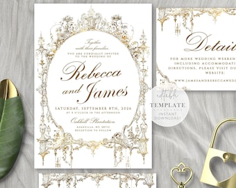 May include: Gold wedding invitation suite with a chandelier design. The invitation features the names "Rebecca and James" and the date "Saturday, September 8th, 2014". The RSVP card includes a place to indicate acceptance or decline with a space for the number of guests attending.