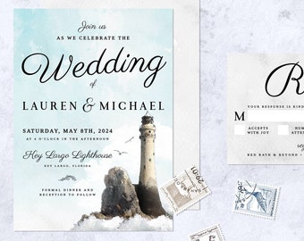 Lighthouse Vintage Nautical Wedding Invitation Suite, Ocean Wedding Invitation, Beach Wedding, Editable Template, Digital Download L17