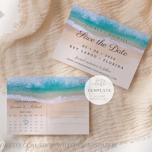 Beach Save the Date Postcard Template, Save the Date Calendar, Ocean Wedding Save the Date Card, Editable Template, Digital Download, L39