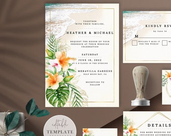 Tropical Beach Wedding Invitation Suite, Destination Wedding, Beach Invitation, Nautical Wedding, Ocean Wedding, Editable Template P54