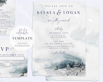 Winter Forest Wedding Invitation Suite, Trees Wedding Invitation, Woodland Invitation, Winter Wedding, Editable Template, Digital Download