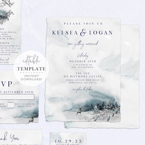 Winter Forest Wedding Invitation Suite, Trees Wedding Invitation, Woodland Invitation, Winter Wedding, Editable Template, Digital Download image 1