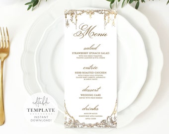 Vintage Royal Wedding Menu Template, Fairytale Wedding, Gold 4x9, Editable Printable Table Setting, Menu Place Card, Digital Download, W68