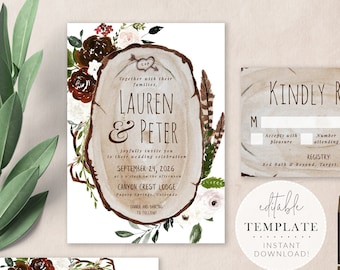 Rustic Wood Wedding Invitation Template Set, Rustic Wedding, Outdoor Wedding/Barn Wedding/Country Wedding/Editable Template/Digital Download