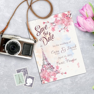 Tour Eiffel Paris France, réservez votre modèle, mariage à destination de voyage, carte de vœux imprimable modifiable, téléchargement numérique immédiat