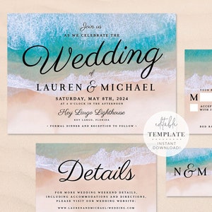 Beach Wedding Invitation Template, Tropical Wedding, Beach Invitation, Nautical Wedding/Ocean Wedding/Editable Template/Digital Download L39