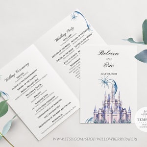 May include: A printable wedding ceremony program and a wedding invitation with a watercolor illustration of a pink and blue castle with fireworks. The text on the invitation reads "Rebecca and Eric July 28, 2023".