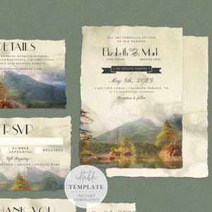 Mountain Lake Wedding Invitation Template Set, Trees Wedding Invitation, Camping Wedding Invitation, Rustic Wedding, Editable Template