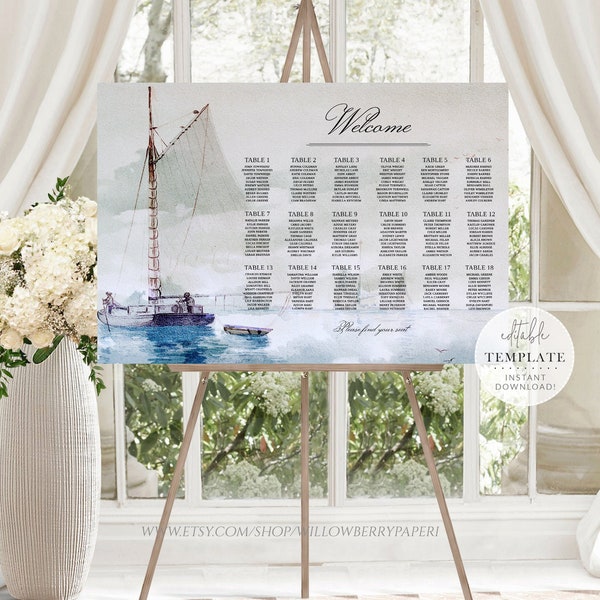 Vintage Nautical Wedding Seating Chart Template, Seating Chart, Table Seating Plan Printable, Wedding Seating Sign, Editable Template, S29