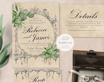 Op de afbeelding: Een huwelijksuitnodigingsset met een vintage uitstraling. De uitnodiging bevat een zwart-witte illustratie van een kroonluchter met groen en de tekst "Rebecca en James". De RSVP-kaart heeft een vergelijkbaar ontwerp en bevat een sectie voor gasten om hun aanwezigheid aan te geven. De detailkaart bevat informatie over het huwelijksweekend en het websiteadres "www.jamesandrebeccawedding.com".