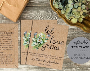 DIY Rustic Kraft OR White Seed Packet Wedding Favor Template, Personalized Envelope, Shower Favor, Let Love Grow, Digital Download Printable