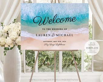 Beach Wedding Welcome Sign, Tropical Wedding, Nautical Wedding, Blue Ocean Wedding, Sign Printable, Wedding Template, Digital Download, L39