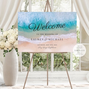 Beach Wedding Welcome Sign, Tropical Wedding, Nautical Wedding, Blue Ocean Wedding, Sign Printable, Wedding Template, Digital Download, L39