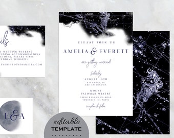 Galaxy Wedding Invitation Template Set, Starry Night Invitation, Celestial Invitation, Star Chart Invitation, Editable Template