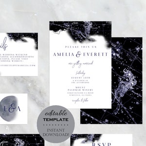 Galaxy Wedding Invitation Template Set, Starry Night Invitation, Celestial Invitation, Star Chart Invitation, Editable Template