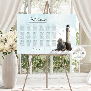 Lighthouse Wedding Seating Chart Template, Nautical Seating Chart, Table Seating Plan Printable, Wedding Seating Sign, Editable Template L17