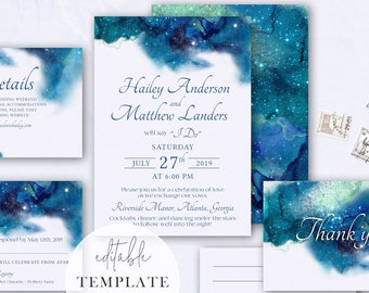 Galaxy Digital Wedding Invitation Template Set, Starry Night Wedding, Celestial Invitation Suite, Editable Template, Digital Download WS9
