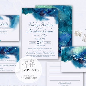 Galaxy Digital Wedding Invitation Template Set, Starry Night Wedding, Celestial Invitation Suite, Editable Template, Digital Download WS9