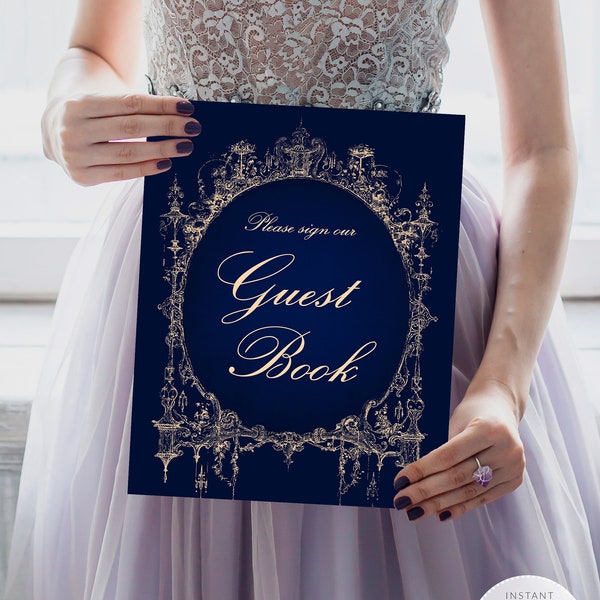 Printable "Please Sign Our Guest Book" Wedding Sign, Vintage Royal Navy Blue Reception Sign/Wedding Decor, 8x10 & 11x14 Instant Download W66