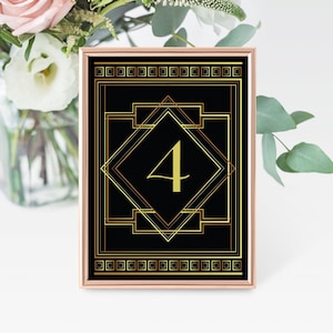 Art Deco Geometric Black and Gold Table Numbers, Great Gatsby, 1920s and 1930s, Printable, Editable Template, Instant Download!