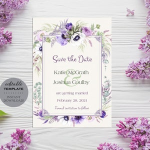 Modelo para salvar a data - aquarela violeta anêmonas eucalipto suculentas, download instantâneo convite de casamento digital para impressão verde