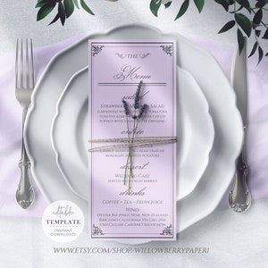 Vintage Wedding Menu Template, Elegant Lavender Silver Gray, Antique Editable Printable Menu, Table Setting Menu Place Card/Digital Download