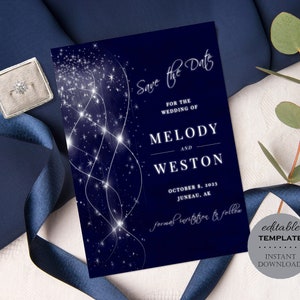 Modelo para salvar a data da noite estrelada - casamento no céu noturno azul marinho, galáxia celestial editável para impressão, download instantâneo, casamento digital S47