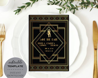 Art Deco Wedding Save The Date Template - 1920s and 1930s Great Gatsby, Editable Printable Invitation, Instant Download Digital Wedding S66